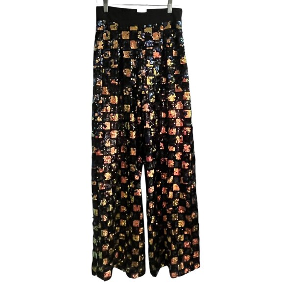 MSRP 288 QUEEN OF SPARKLES BLACK SEQUIN CHECKERED PANTS WOMENS SMALL RAINBOW - Picture 2 of 6
